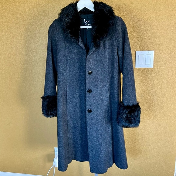 KC Collections Lambswool Faux Fur Embellished Long Coat - Picture 2 of 12